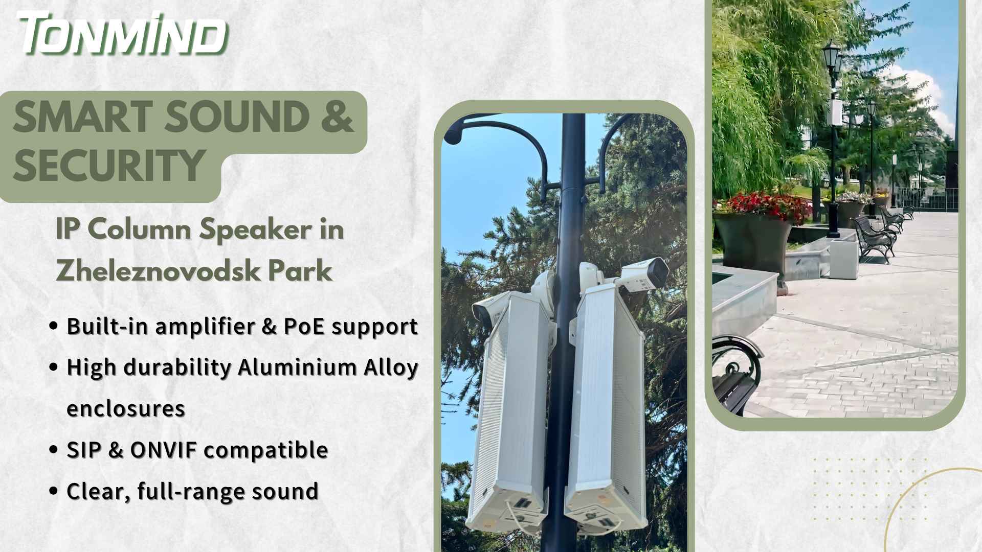Son et sécurité intelligents : enceinte colonne IP Tonmind dans le parc de Zheleznovodsk