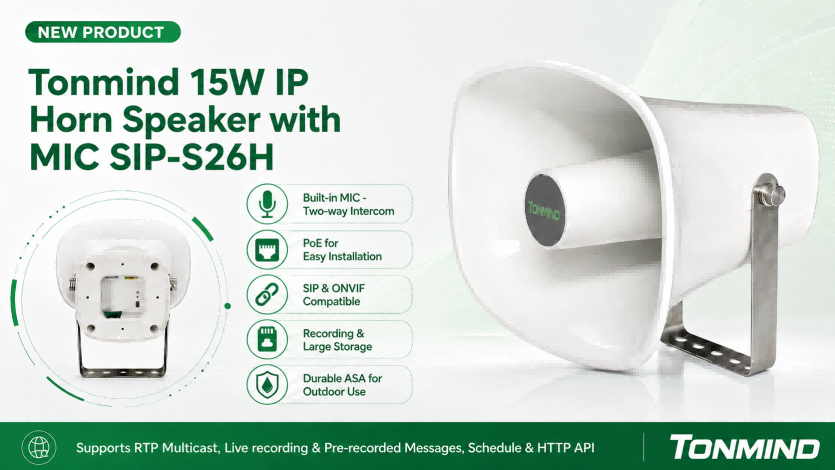 Tonmind lance le nouveau haut-parleur pavillon IP 15W avec microphone intégré SIP-S26H